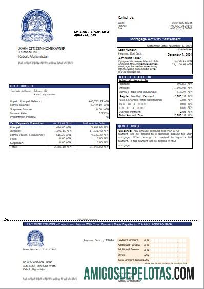 Declaração de hipoteca do banco Afeganistão Da Afeganistão baixar para verificação